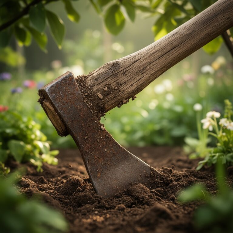 Using a pickaxe for breaking hardpan in garden plots